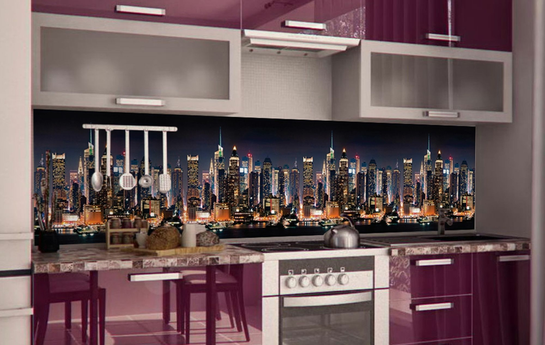 Стеновые панели из АБС-пластика, Кухонный фартук Ночной город 1000x600x1.5 мм глянец
