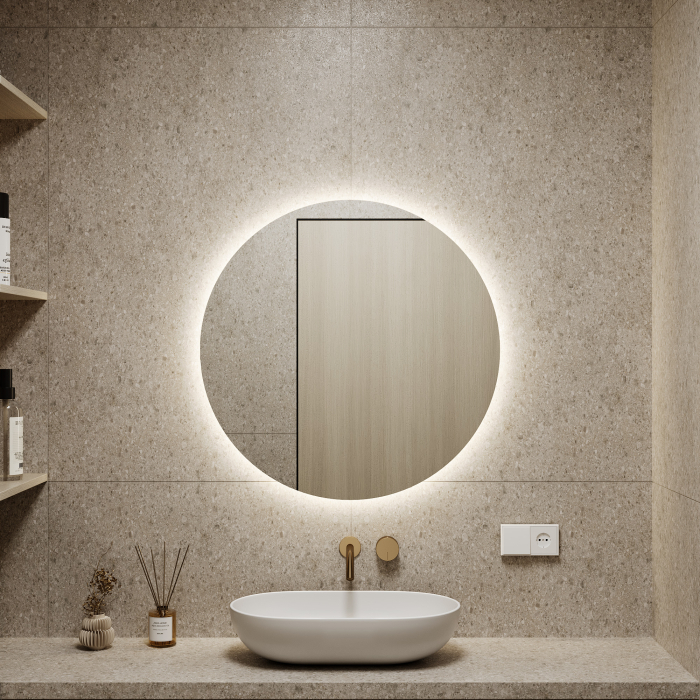 Зеркала в спальню, Зеркало с нейтральной подсветкой GENGLASS RAUNTEL NF LED M, с проводом 79х79 см
